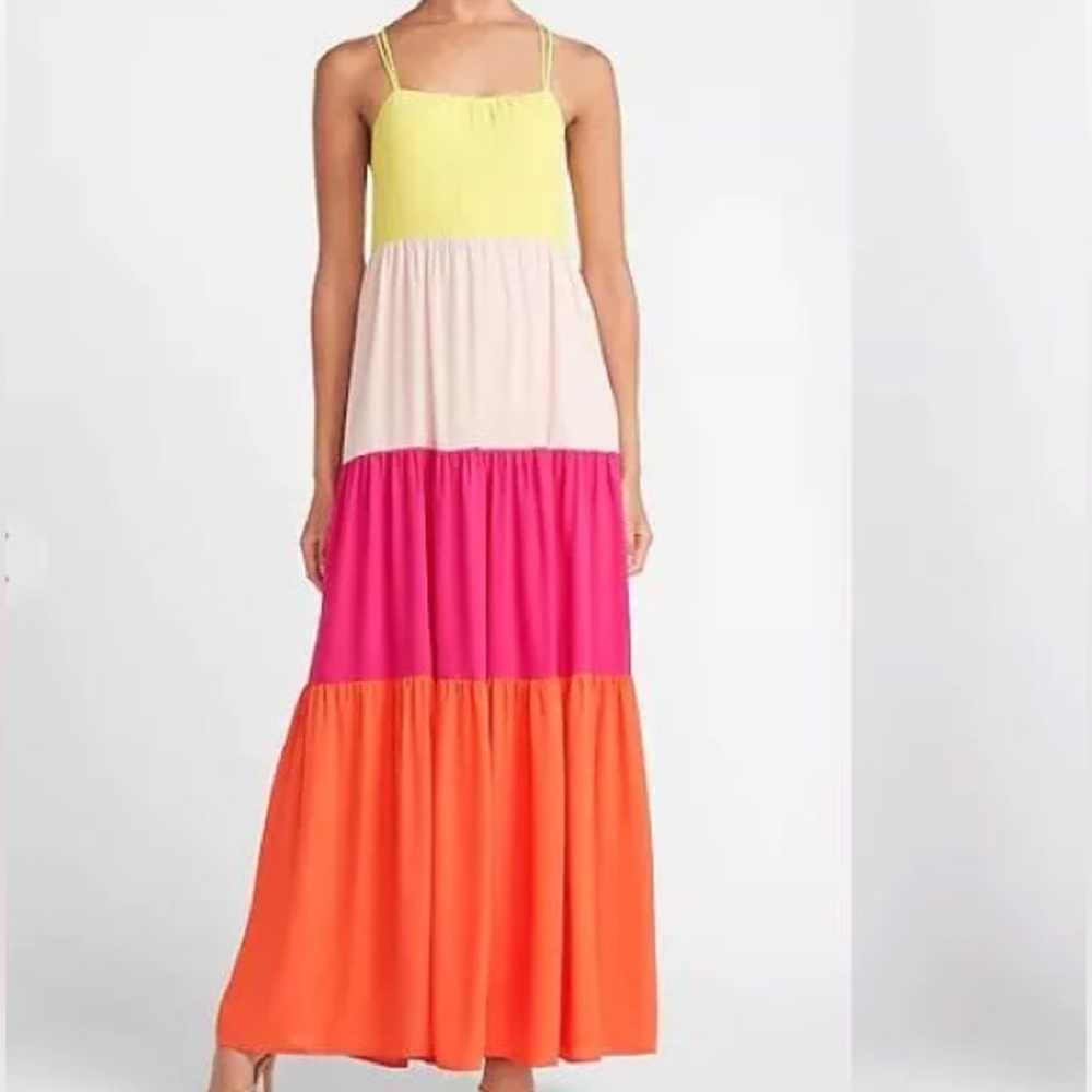 XX🔹️Express Colorblock Pink Orange Yellow Strappy Crepe Lined Tiered Maxi